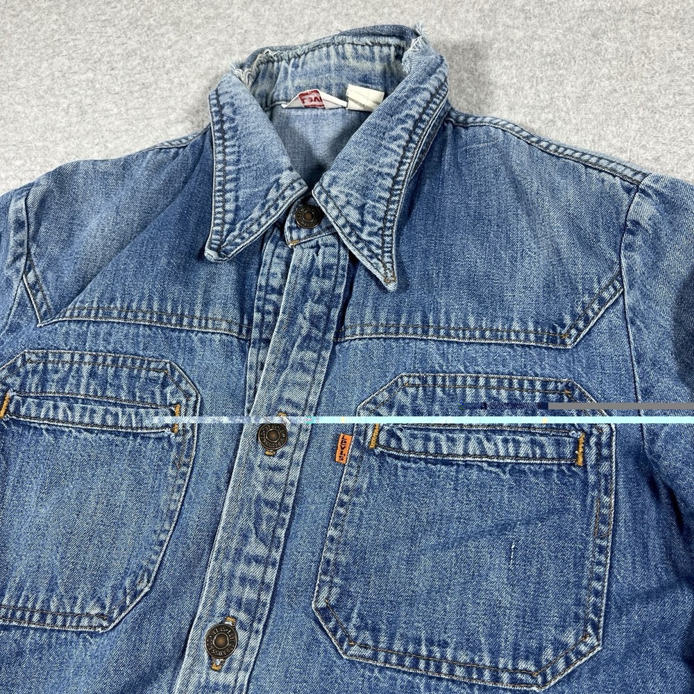Vintage Levis Shirt Mens Small Blue Denim Western Orange Tab 70s Button Up Read - Picture 6 of 14